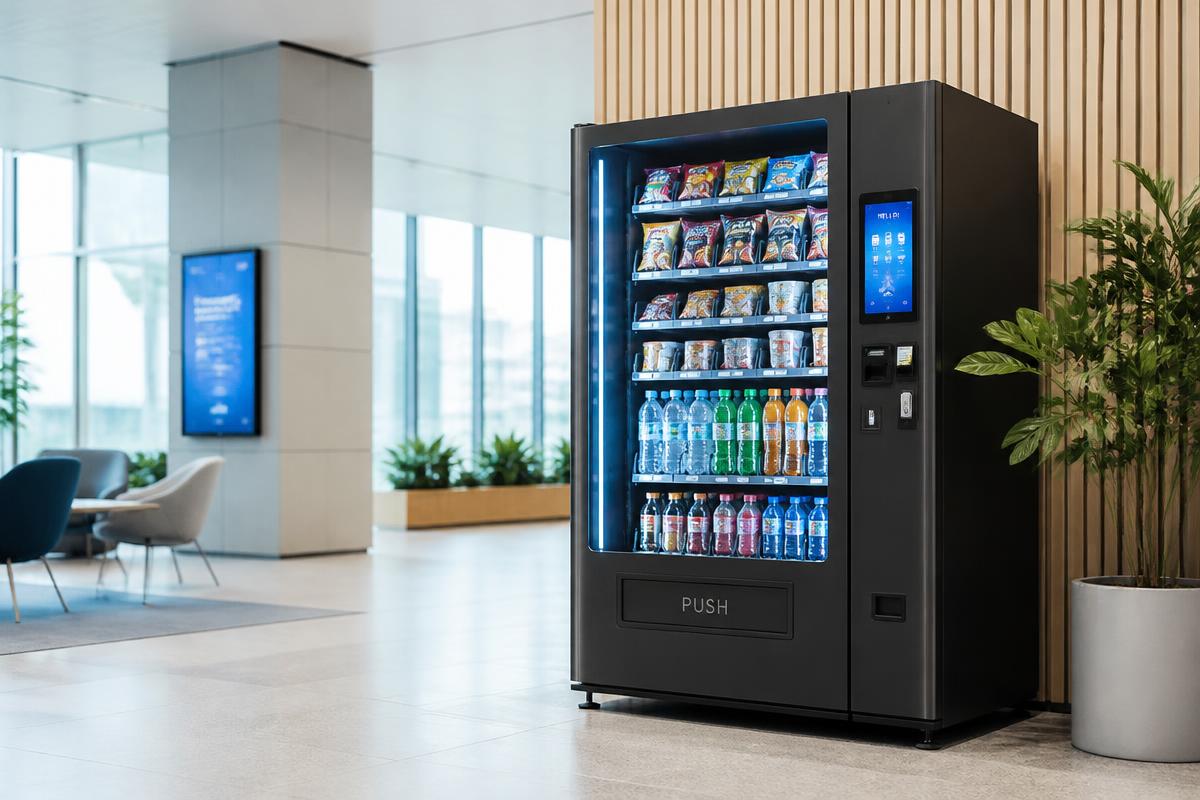 Modern vending machine in a bright office lobby